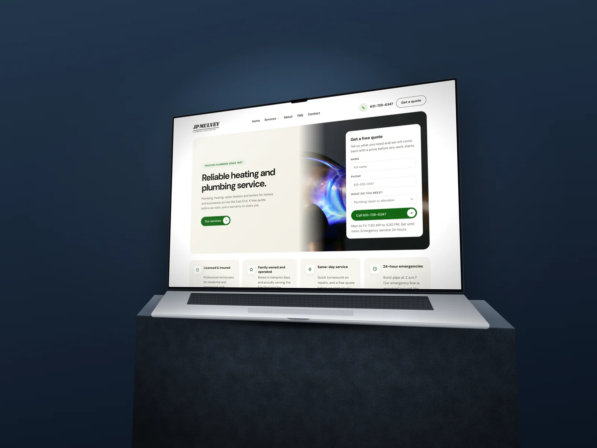 The JP Mulvey Plumbing and Heating concept site on a laptop.