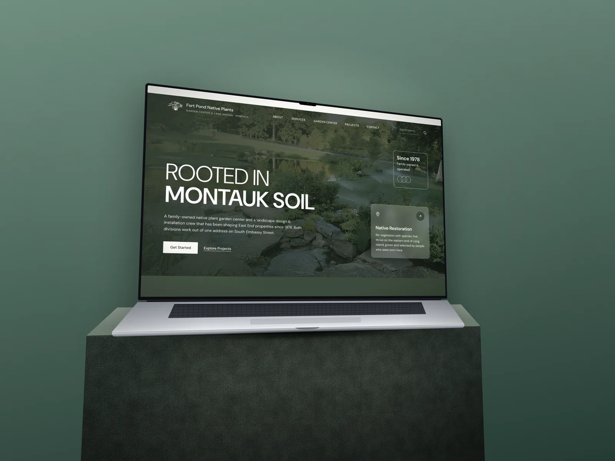 The Fort Pond Native Plants concept site on a laptop.